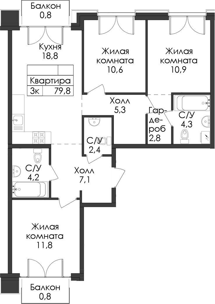 3-комнатная квартира 79.8 м², 7/9 эт., ЖК «Лермонтовский 54»